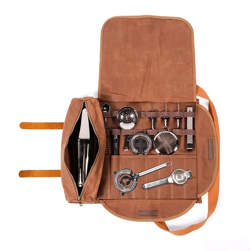 KLP bartender kit bag brown canvas professional bar mixing travel