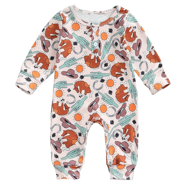 Ribbed Western Henley Jumpsuit Winter Boy Girl Long Sleeve Clothes Custom Animal Bubble Rompers Newborn Knit Baby Romper