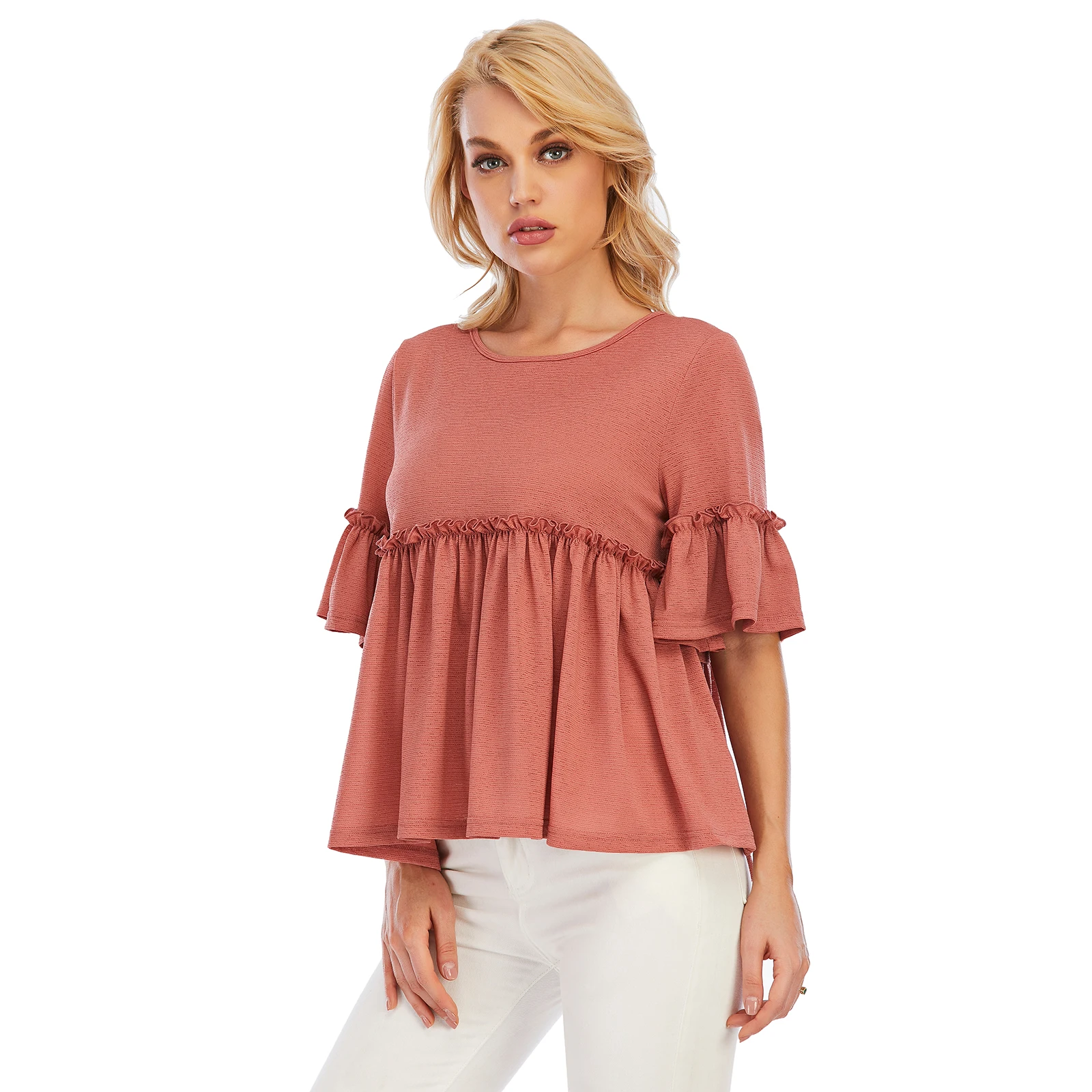 Women Apparel Korean Casual Solid Tunic Tops Blusas De Mujer Woman Frill Trim Babydoll Ruffled Tops Blouse