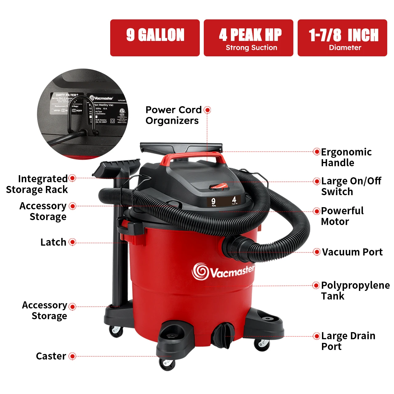  Пылесос Vacmaster Red Edition для сухой и влажной уборки 9 галлонов 4 пика HP 1-1/2 дюйма VJF910PF