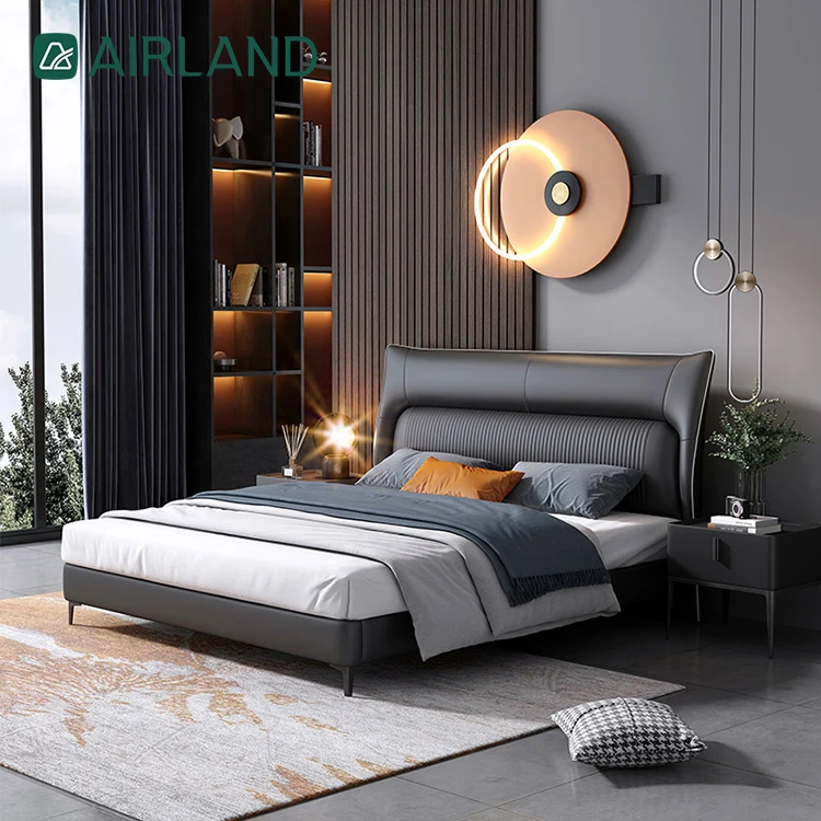 Simple and soft bedroom furniture comfortable modern genuine leather double bed