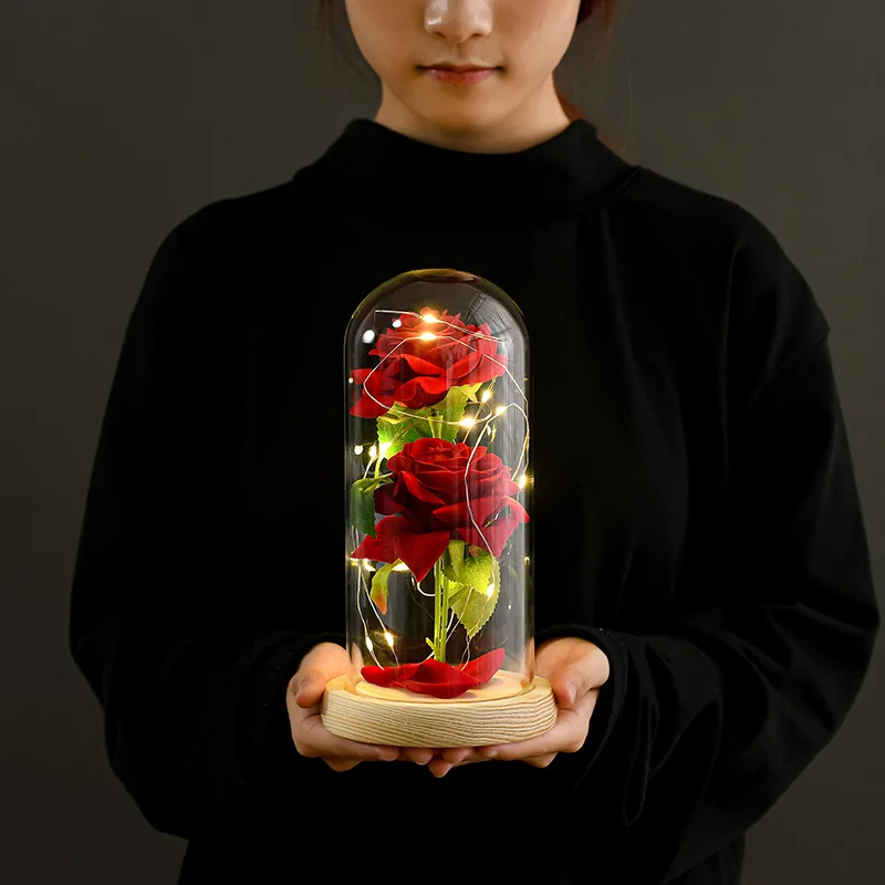 Valentines Day Gift Custom Artificial Flowers Glass Cover With Led Lights Rose flowers In Glass Dome