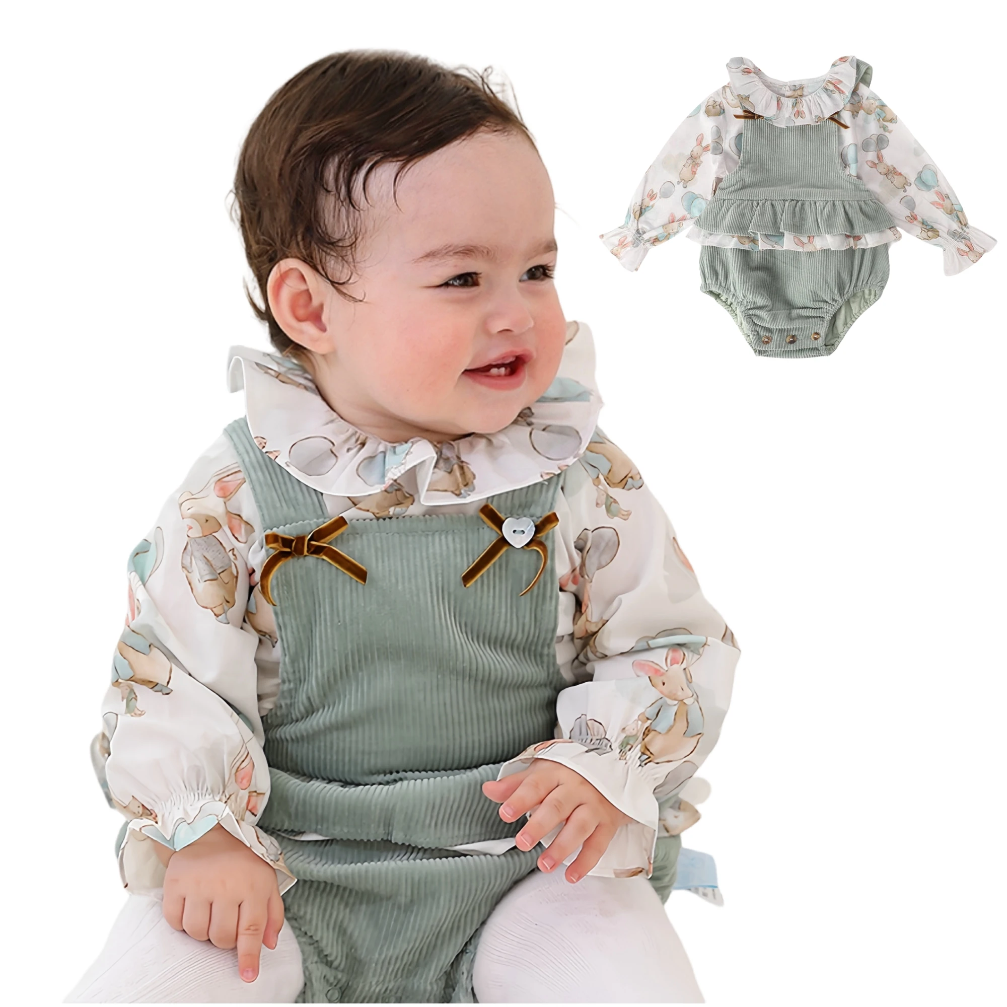 Custom Cotton New Born Baby Clothes Long Sleeve Bunny Print Shirt & Corduroy Suspenders Rompers Manufacturer Girls Clothing Set