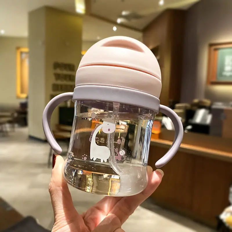 250ML Cartoon Sippy Cups for Toddler and Kids Child Learning Cup Water Bottle with Straw and Gravity Ball Handle Feeding Cup