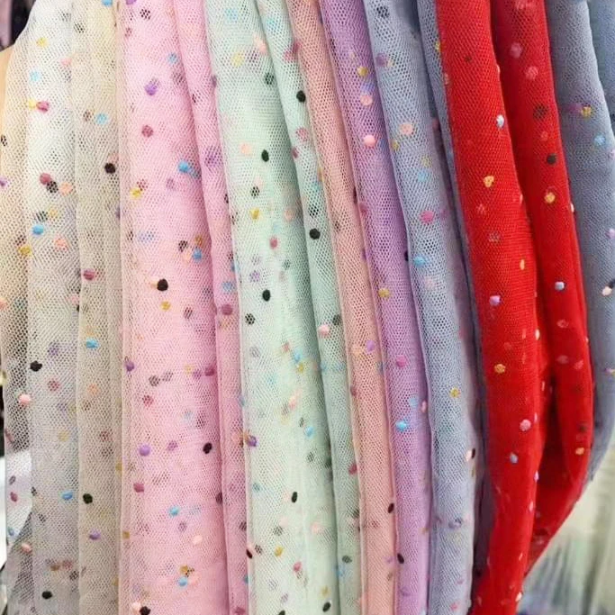 HG6678 Multi-color New Design Tulle Fabric With shimmer Faming Polka Dot  For Girl Dress