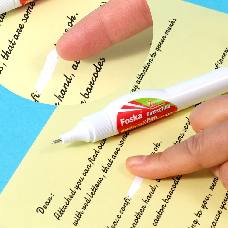 Foska High Quality nice price quick dry office school supplies Liquid Correction with Pen Shape Fluid Corrector for Student