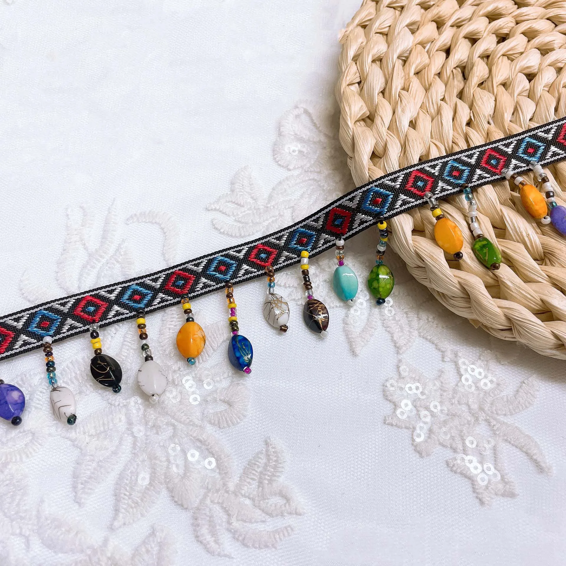 diy sewing clothes accessories ethnic lace webbing beaded tassel fringe jacquard geometric ribbon curtain creative textile trim