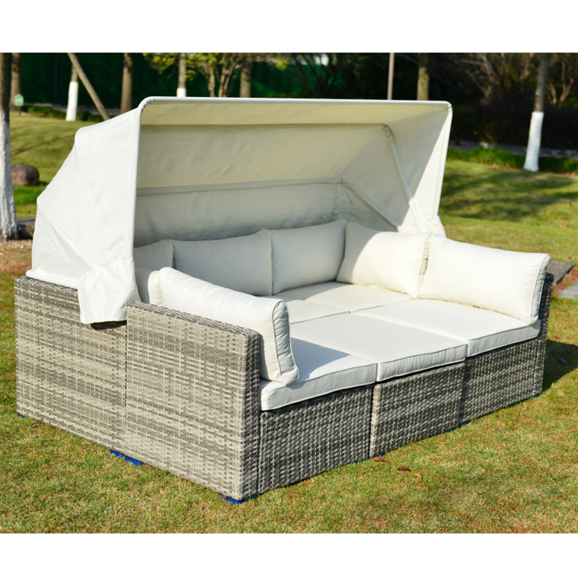 All-Weather PE Rattan Metal Furniture Sunbed Outdoor Rattan Daybed Patio Set Retractable Canopy Garden Sofa with Sun Visor