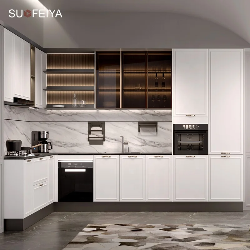Suofeiya Elegant Acrylic UV Melamine MDF Light Grey Panel Kitchen Cabinet Island with Storage and Sink