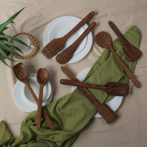 Kitchen Non-stick Utensil Teak Wood Spatula with holder Cooking Salad Stirring Tools spatula Cookware Set