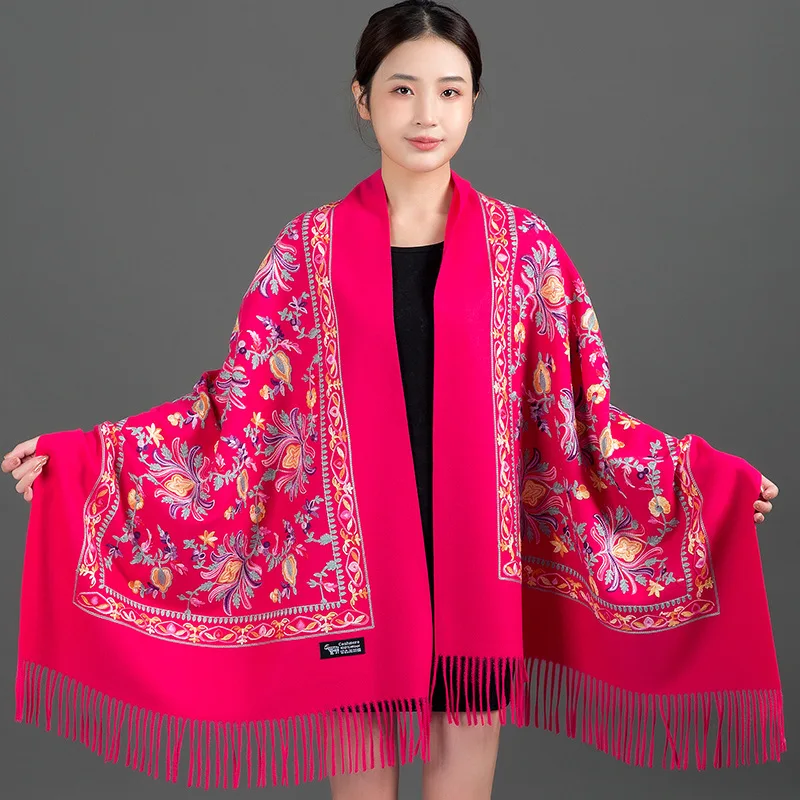 Chinese Embroidery Embroidery Scarf Women Autumn Winter Ethnic Style Cashmere Fringe Embroidery Thick Warm Shawl