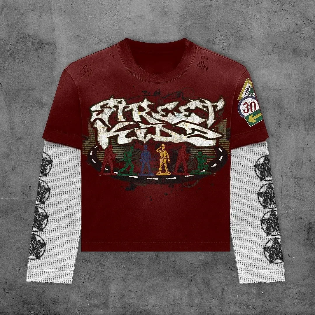 Custom Manufacturers Casual Double Layered Long Sleeve T-shirt For Men Distressed Vintage Acid Washed Long Sleeve