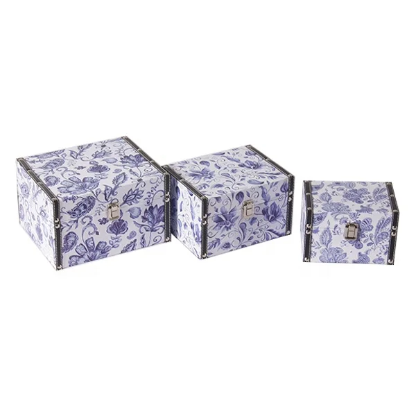 
Home Decor Ornament Blue and White Porcelain Design Rectangle Wooden Base PU Print Set of 3 Storage Trunk 