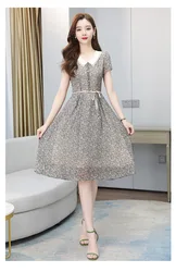 Новое летнее платье с цветочным принтом, женское платье, с коротким рукавом, с воротником в кукольном стиле шифоновое платье с завязкой на талии