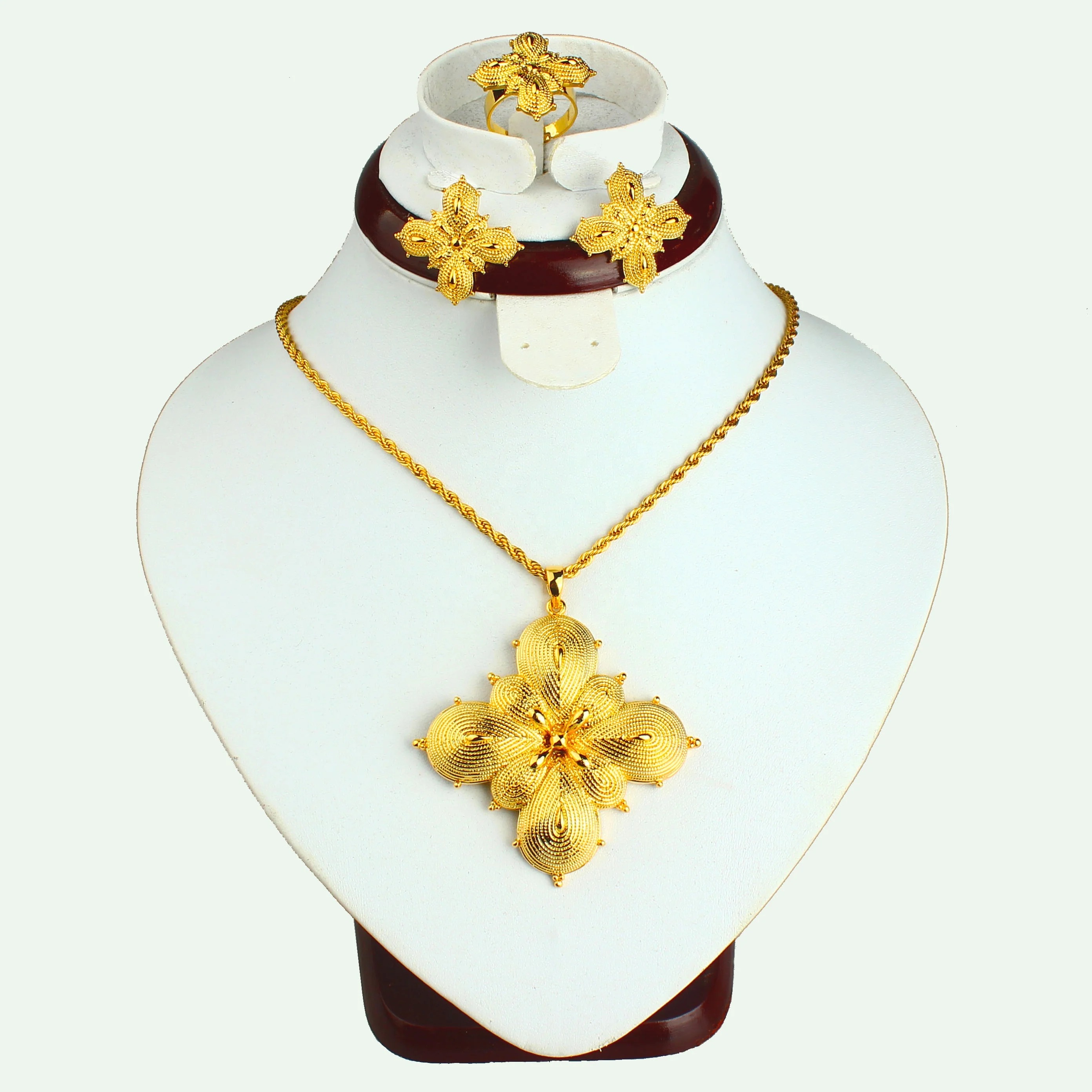 JH Exquisite Delicate Trendy Gold Plated Earring/Pendant/Ring For Wedding Ethiopian Jewelry Set