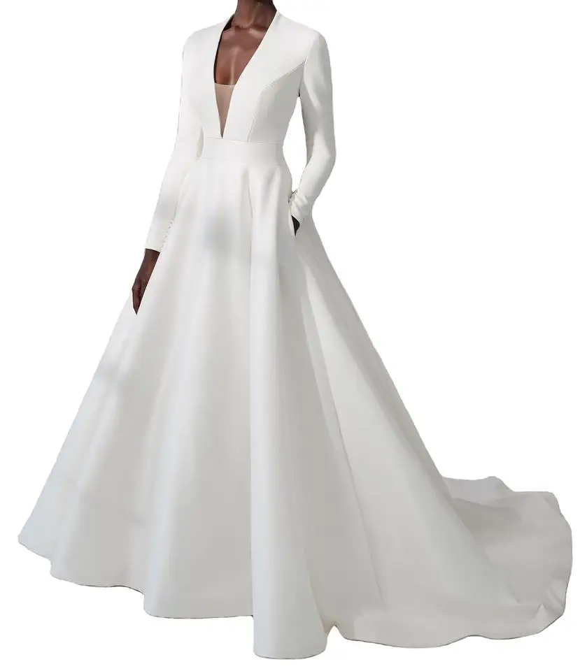 Plus Size Wedding Dress Long Sleeve Ball Gown Simple Custom Wedding Dress Elegant Illusion Back With Long Tail Wedding Dress