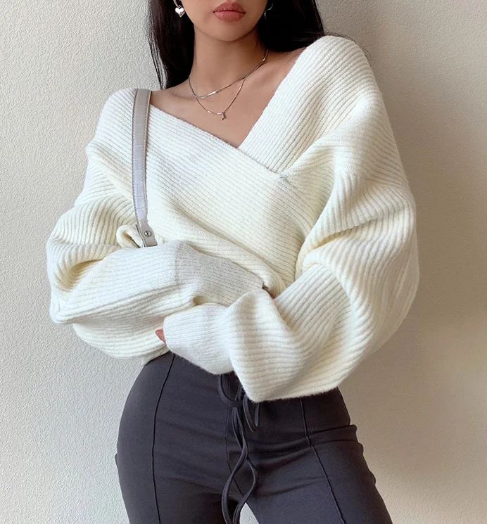 European and American style sexy long-sleeved sweater women v neck cross knit sweater