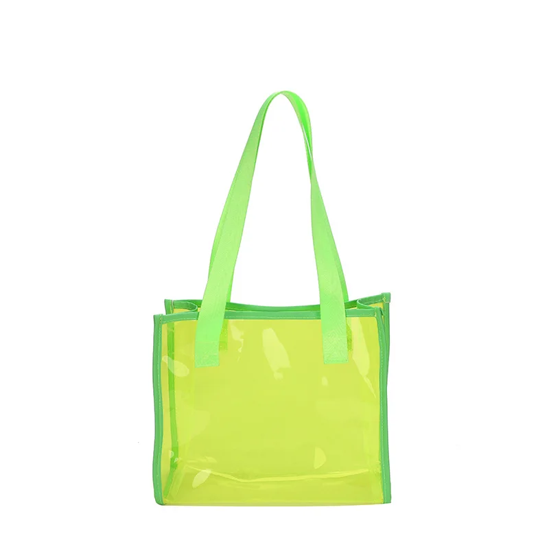 Colored PVC Shopping Bag Customized Logo PU Tote Bag Transparent Beach Shopping Tote with PU Leather Handle Neon Pink