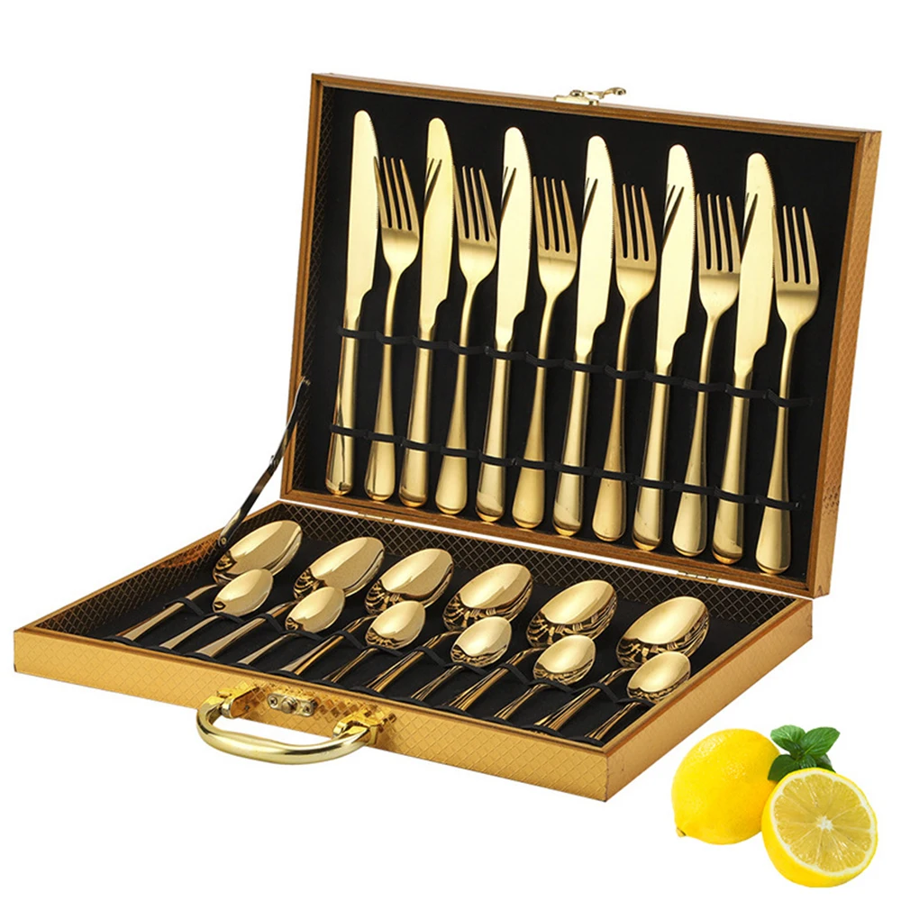 6 Persons Stainless Steel Cutlery Set Wedding Cutlery Spoon Set 24pcs Gold Flatware Set With Gift Box