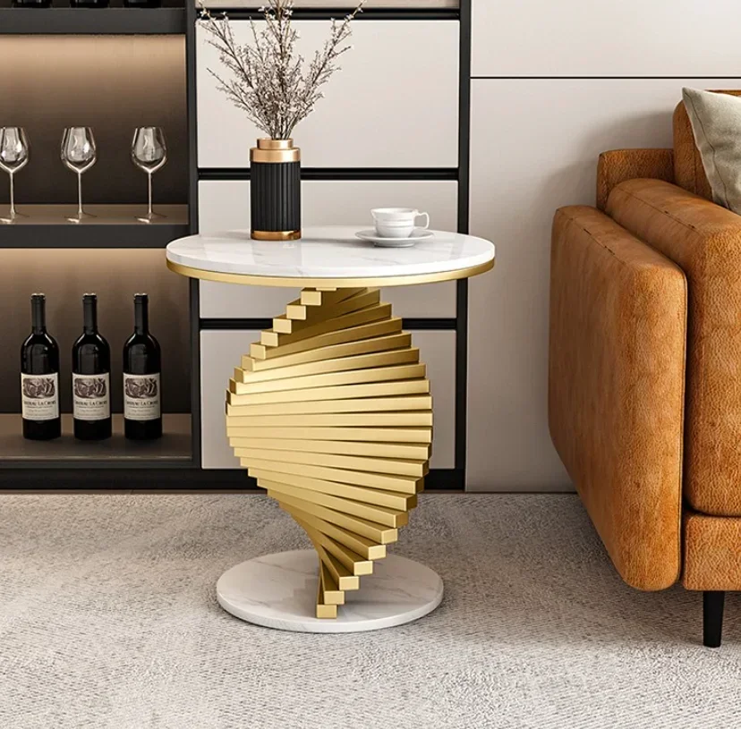 Light Luxury Carving Chic Style Coffee Tables Golden Stainless Steel Base Tea Tables Fashion White Marble Cover Round Favorable
