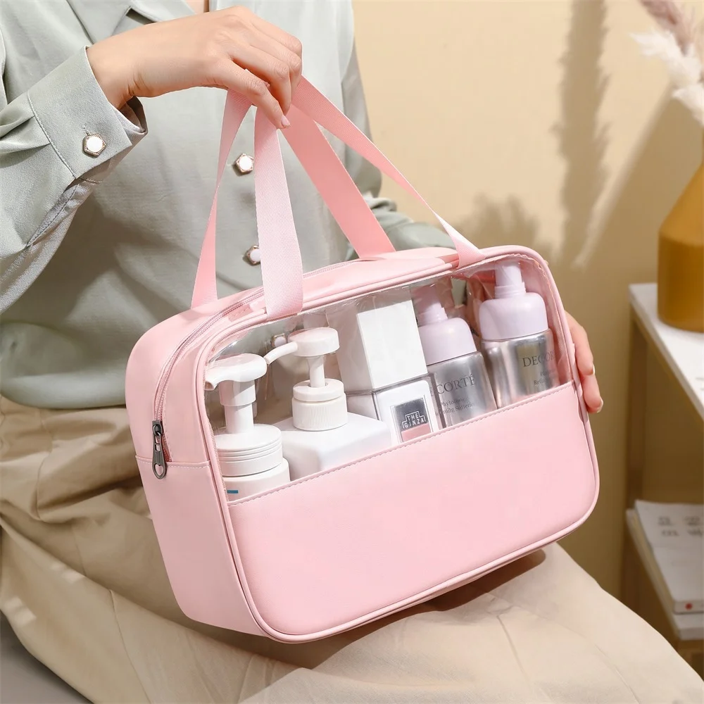 Hot Sell Drop shipping Beauty PVC Transparent Bag Pink Color Square Shape Kit de maquillage Cosmetic Bags For Woman