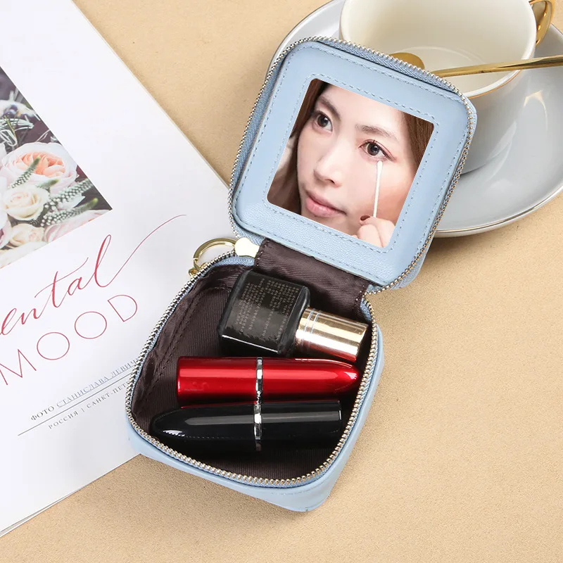 New Trend Portable Mirror Lipstick Box Cosmetic Makeup Pouch Mini Lattice Embroidery Line Delicate Lipstick Bag With Zipper