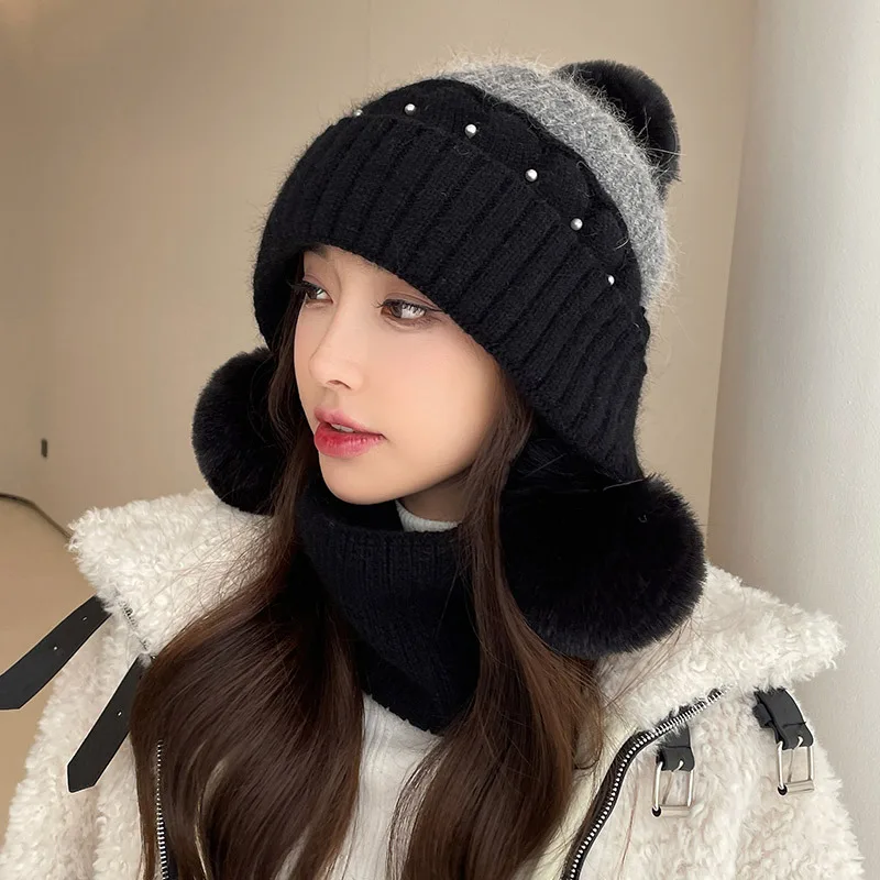 Warm Wool Ball Ear Protection Face Knitted Riding in Autumn and Winter Cold Proof Pullover Hats Korean Fashion