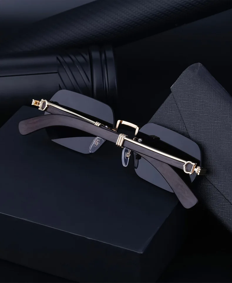 China Wholesale Small Square Shades Glasses man own brand Rimless Metal Diamond Cut Sunglasses Luxury Wood Sunglasses