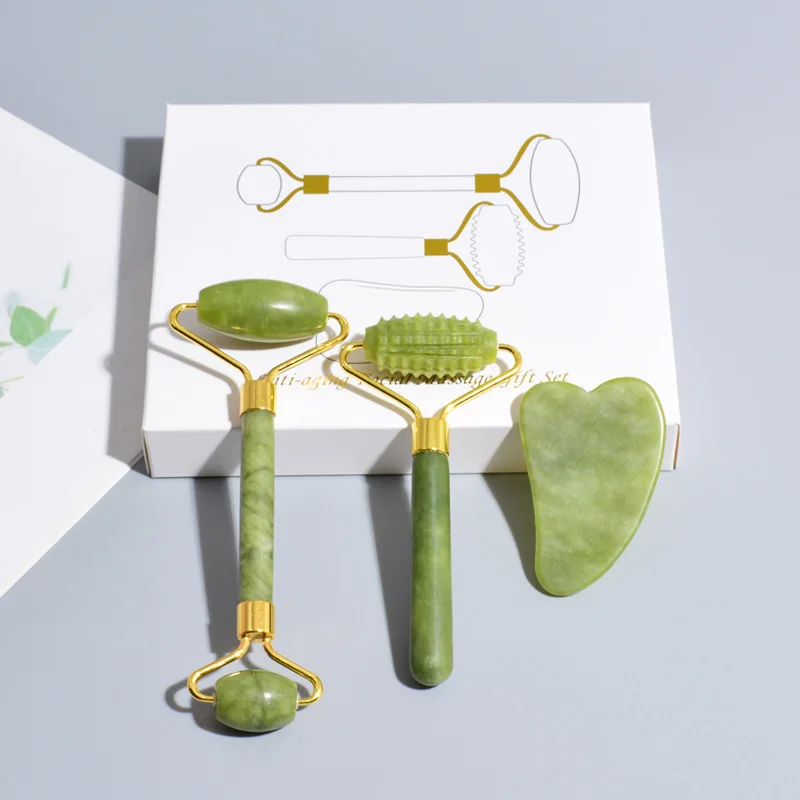 hot selling green jade facial roller tools massager jade roller and guasha kit for wrinkle reduction