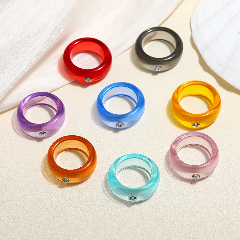 New Ins Colorful Transparent Crystal Round Rings for Women Summer Party Gift Stackable Resin Acrylic Ring