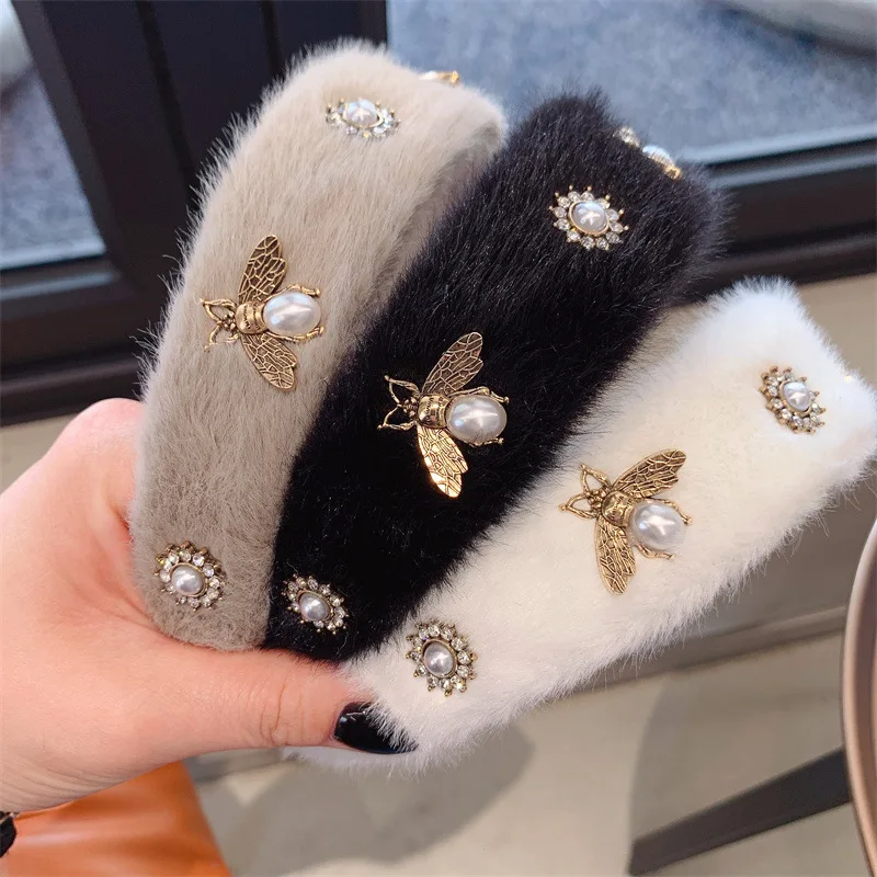 Designer Headband Fur Bee Headbands Women Hair Accessories Knot Headband Pearls Diamond Plush Wide Edge Hair Bands For Women