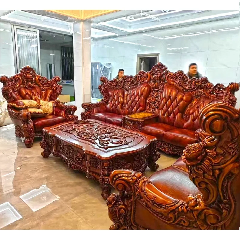 Classic wooden sofa set living room furniture,Full leather european classic luxury wooden carved sofa set