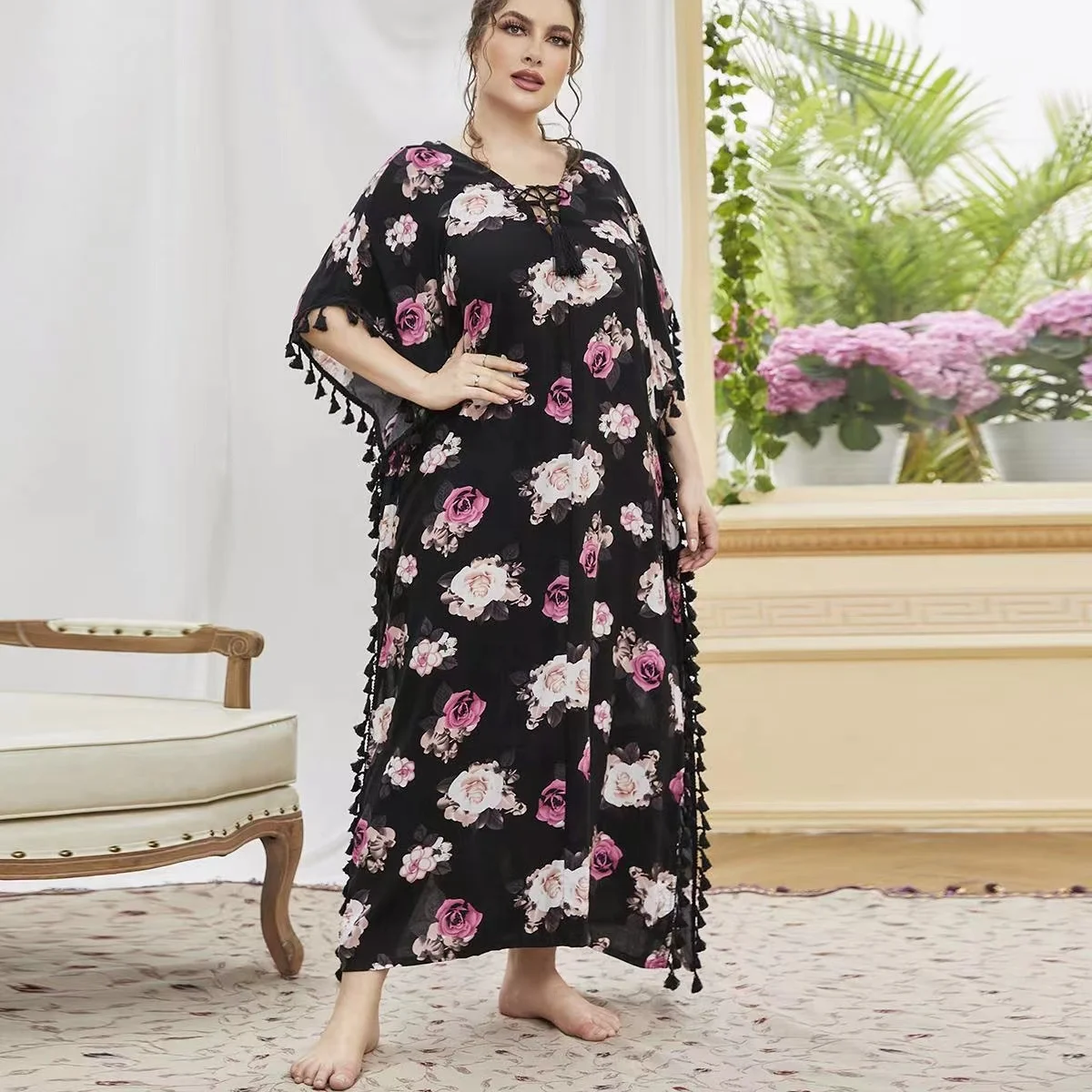 Plus Size Print Fashion Muslim Nightgown Casual Arabic Islamic clothing 4XL Soft Women Sleepwear Robe