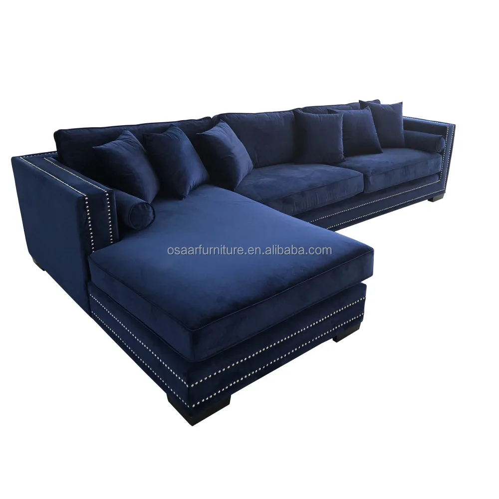 Classic UK Style Modern Royal Blue Velvet 3 Seater Corner Sofa with Chaise Lounge