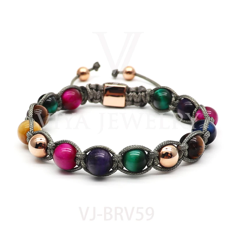 Elegant 8mm Red Green Yellow Blue Tiger Eye Charm Bracelet Black Natural Stone Beads Bracelet