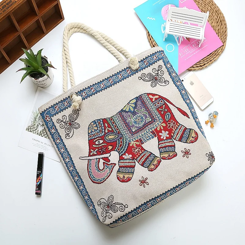 China factory new fashion Thai ethnic style linen large capacity shoulder elephant lady shopping tote bag handbags with zipper