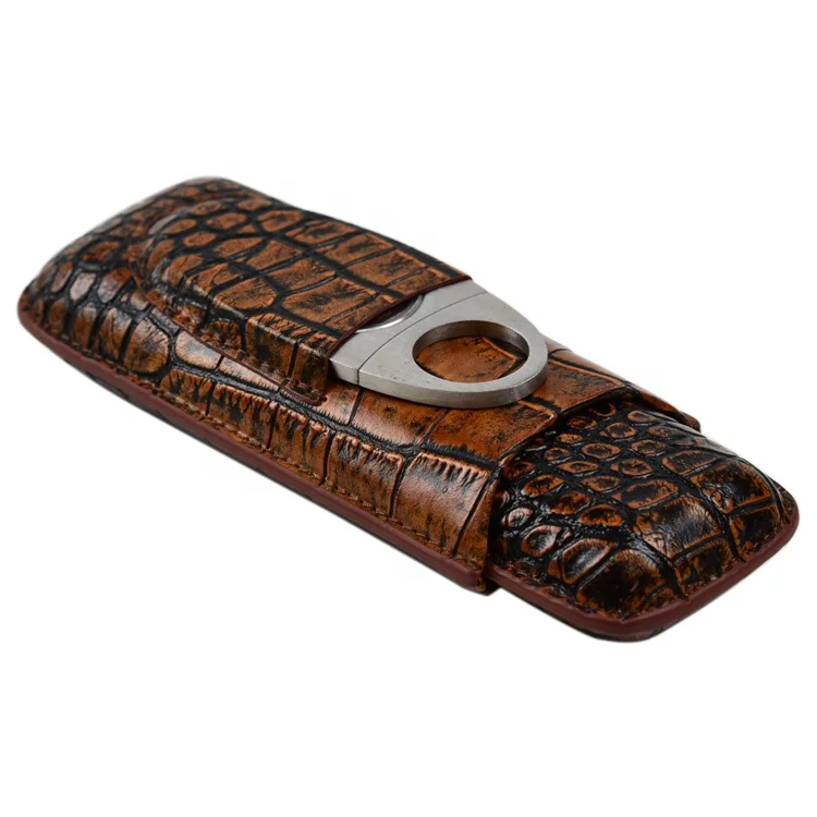 customized wholesale luxury Croco genuine leather cigar box holder portable cigar case with cutter