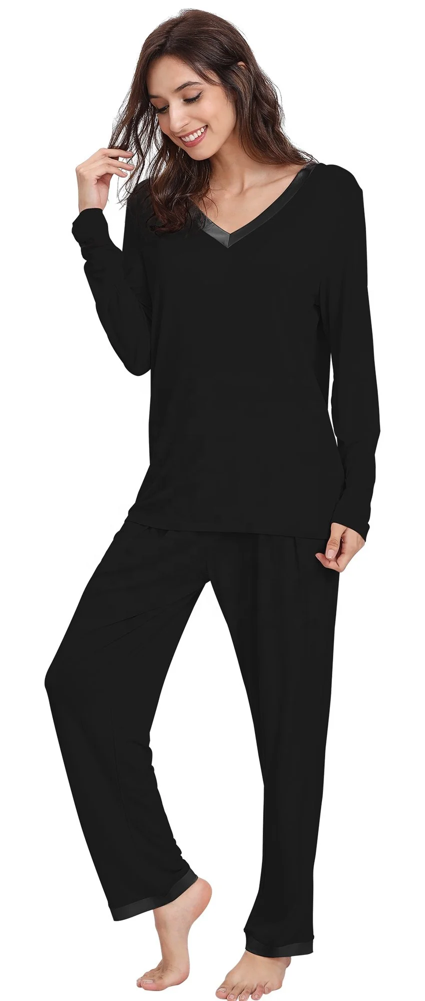 V Neck Soft Comfy Lounge Long Bamboo Sleepwear Pajamas Set