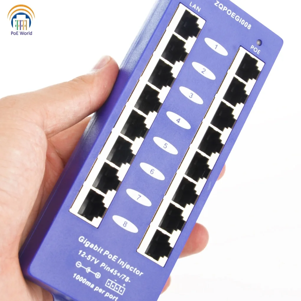 GPOE-8B Power over ethernet injector mode B operation 1000mbps data speed Gigabit 8 port poe injector for CCTV camera