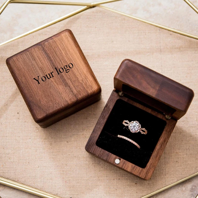 Beautifully propose marriage gift wedding walnut small wood ring box with magnet