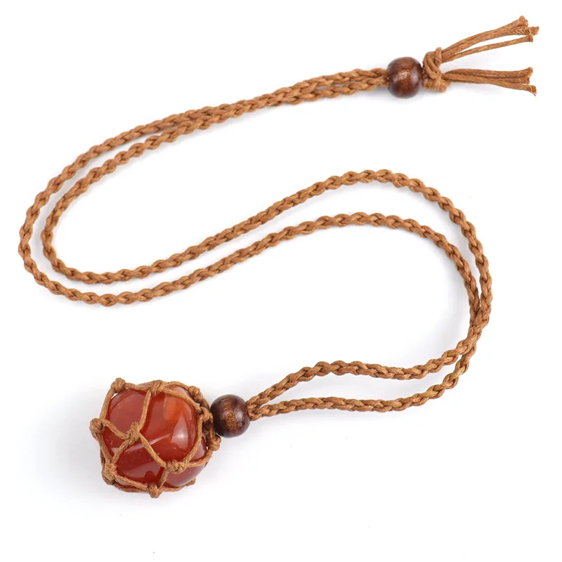 Handmade Hemp Rope Necklace with Pure Natural Stone Crystal Stand Geometric Pattern Vintage Boho Style Hand Woven Lace