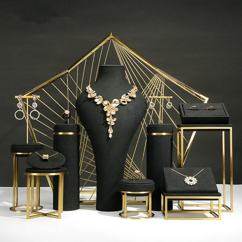 Luxury Large Exhibit Pendant Ring Necklace Holder Jewellery Display Stands Sets Black Metal Microfiber Jewelry Display Sets