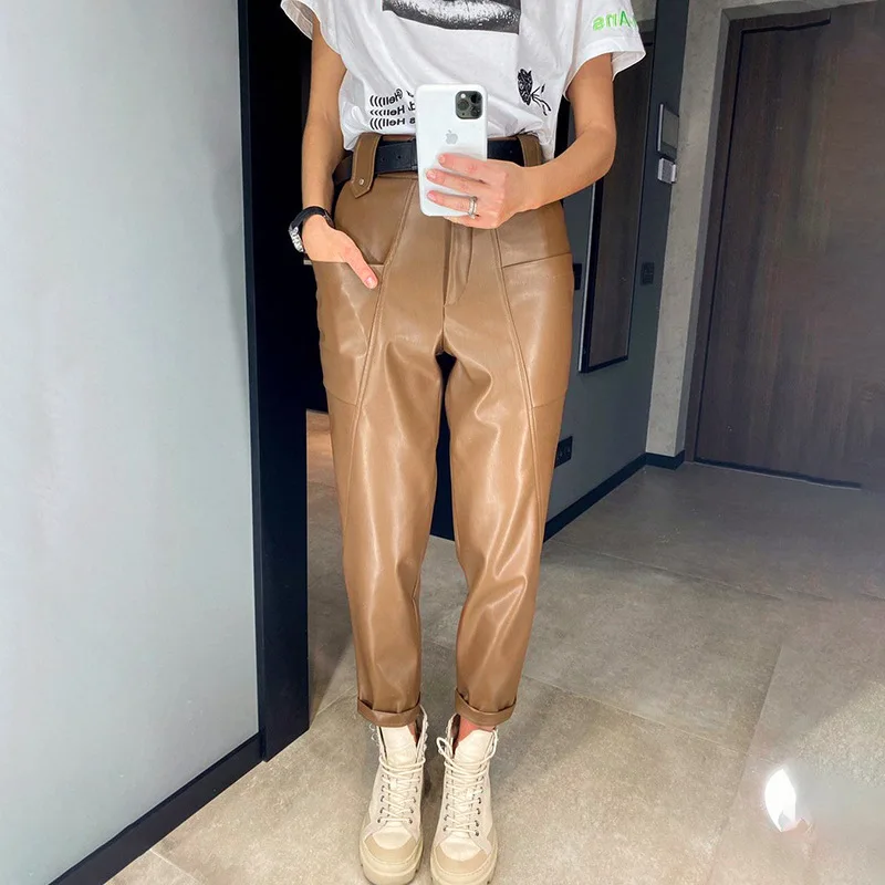 Women Slim Zipper PU Leather Pants Ladies Pocket Trousers Motorcycle Clothing Women Pants Woman Clothes 2021 Trending