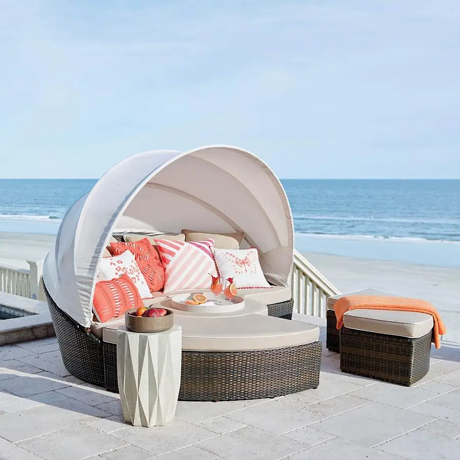 Leisure outdoor rattan daybed folding canopy chaise lounge furniture sofa set sun bed