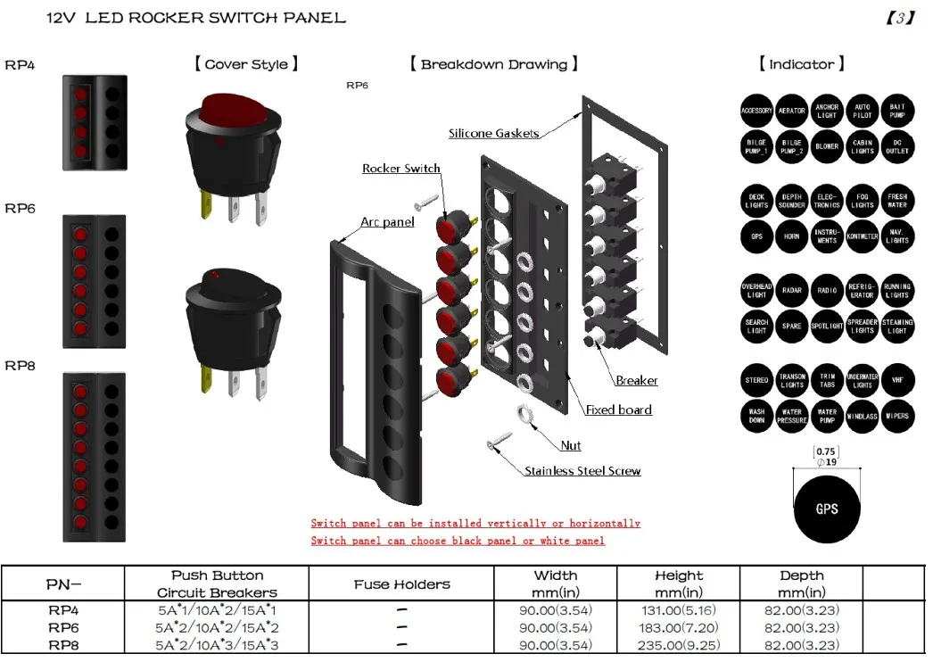 Marine Boat Splashproof Switch Panel 6 Gang With LED Indicator Rocker AUTO Fuses or protect
