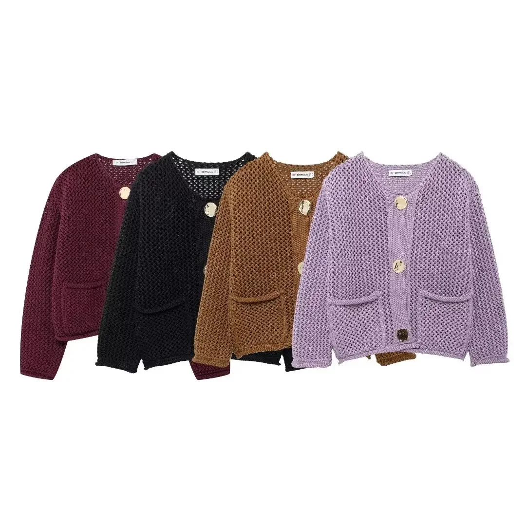 2024 autumn New Fashion Pockets with thick needles Knitted Sweater Vintage Long Sleeve Female Outerwear Chic Tops