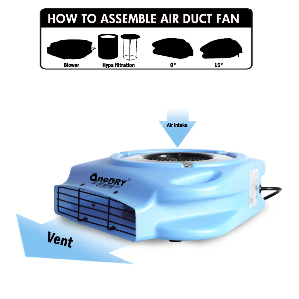 OneDry low amps high min pancake low profile air mover floor fan carpet dryer with GFCI daisy chain for water damage restoration