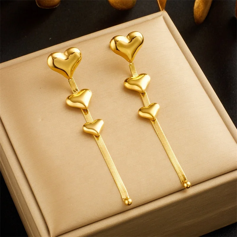European Jewelry Stainless Steel Long Flat Chain Pendant Earring Wholesale Chinese Jewelry Plated 18K Gold Heart Tassel Earring
