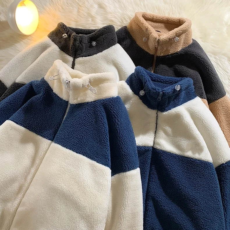 Winter Fashion Brand Sherpa Fleece Jacket Stand Collar Outdoor Jacket Men Warm Casual Coat