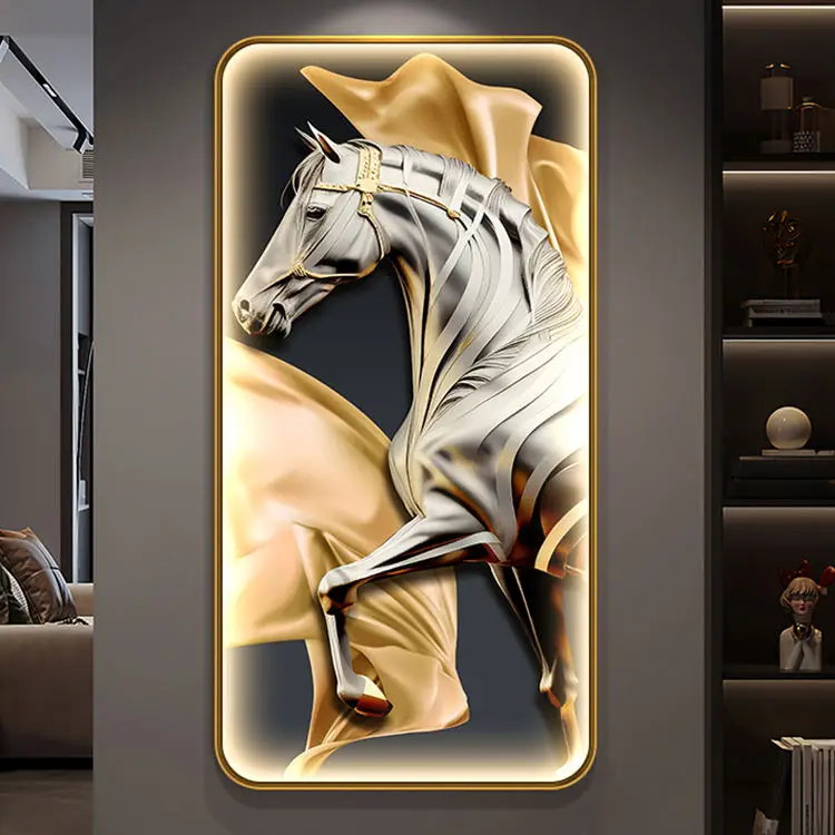Light luxury round entrance decoration crystal glass LED picture frame horse painting wall frame art